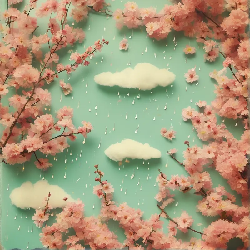 Pink cherry blossom branches surround a mint green scene with white clouds and falling raindrops.