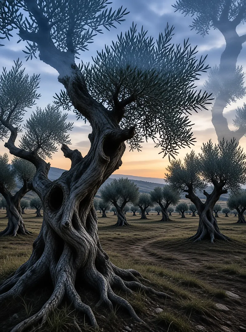 Ancient olive trees with gnarled branches stand in a misty field under a fading twilight sky.