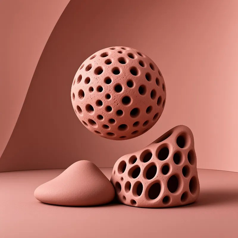 Matte rose coloured clay objects with drilled holes sit in a soft studio set lit from one warm side.