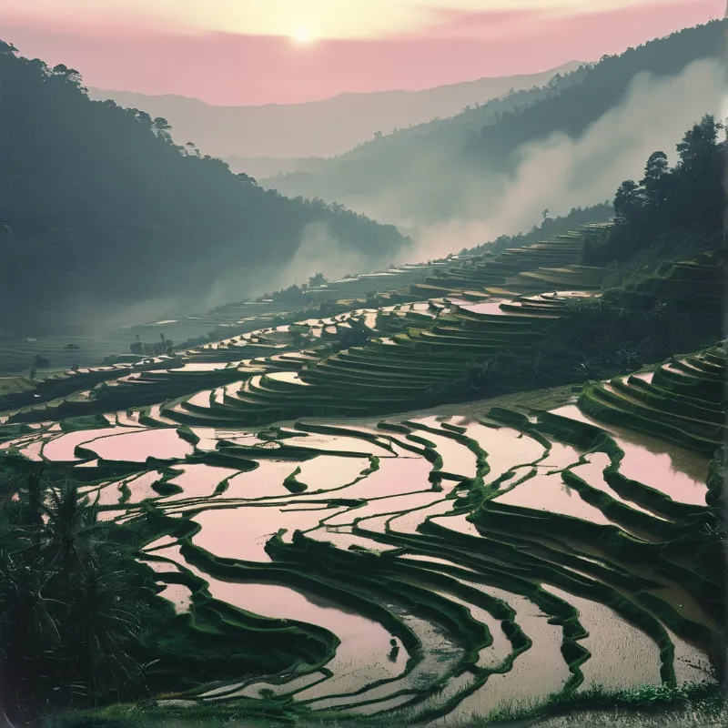 Curved terraces filled with pale water climb a misty valley as a soft pink sunrise glows behind forested ridges.