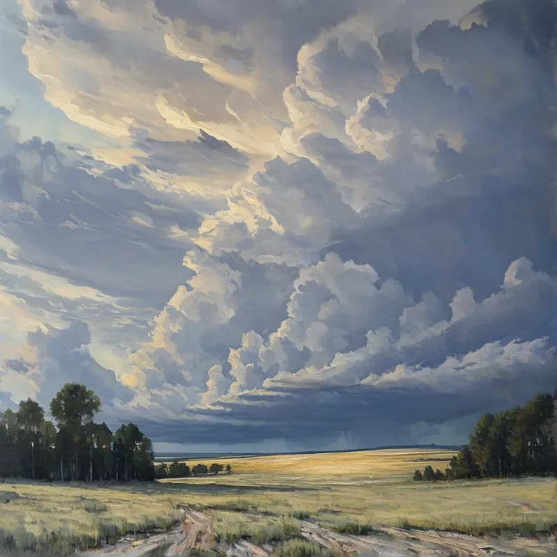 Towering cumulus clouds loom above a wide grass prairie, with dark storm clouds on the far horizon, and warm sunlight gilding the upper cloud edges.