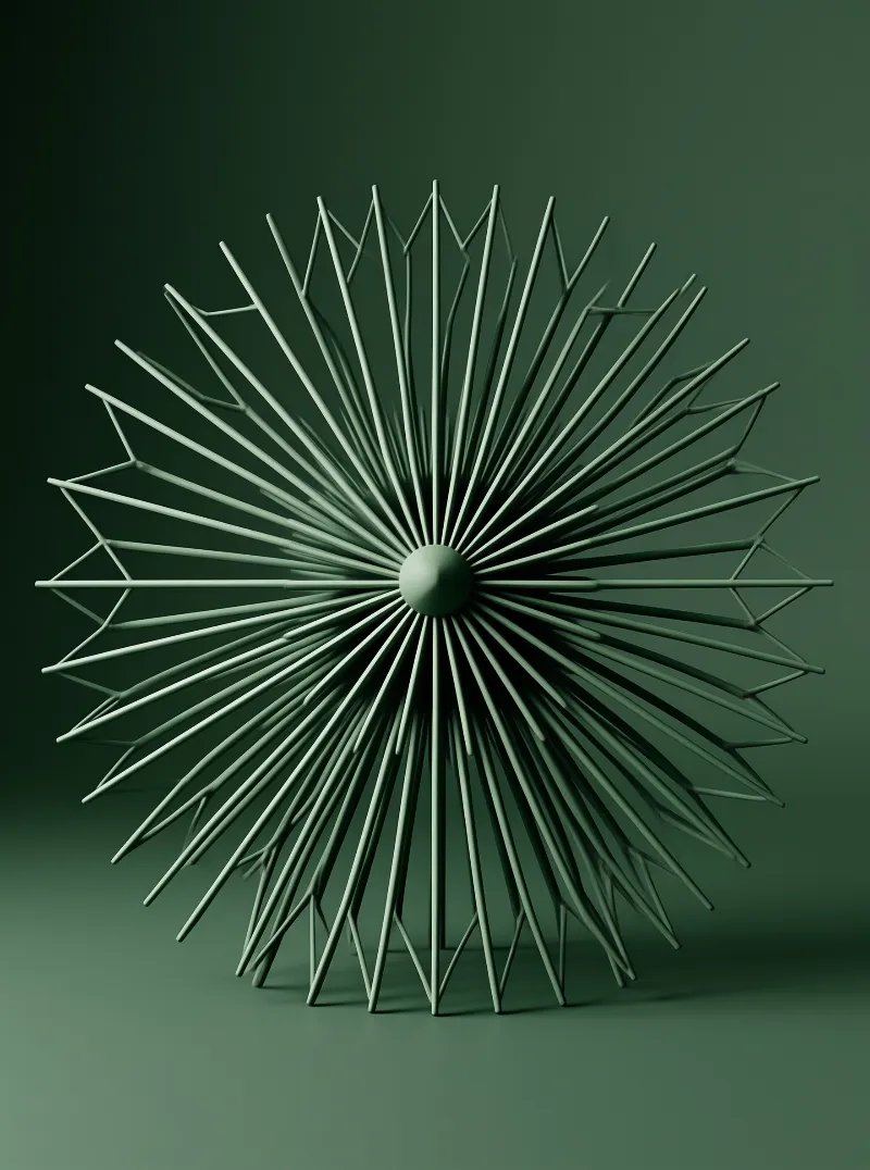 A sea urchin form of thin green rods spreads outward from a small central hub in a dim monochrome studio.