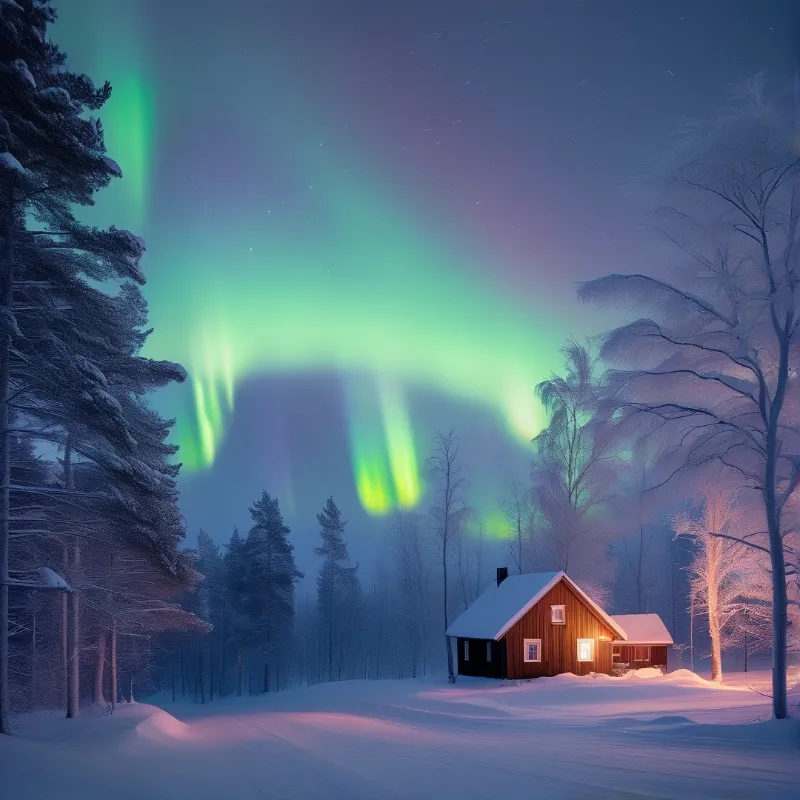 Winter Aurora Over Cabin