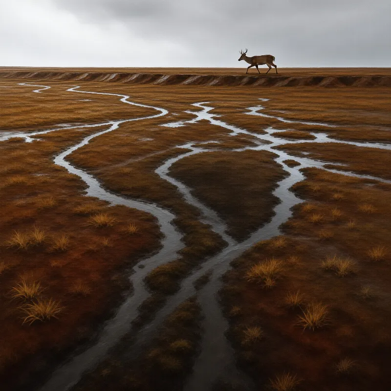 Silver water channels weave through rust-colored marsh grass under a grey sky while a lone deer walks the far ridge.
