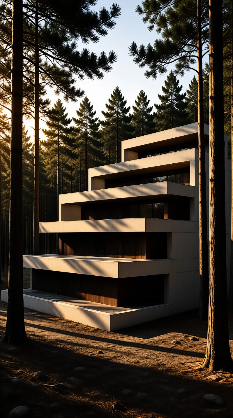 A layered concrete building stands among tall pine trees bathed in warm golden sunset light.