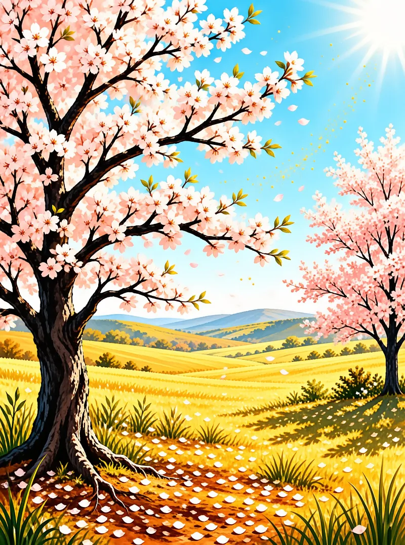 A large cherry tree with pink blossoms stands beside a smaller one in a sunny golden field with falling petals.
