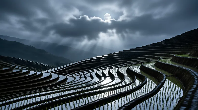 Water filled paddies curve across the slope under a heavy cloud cover where a bright celestial body breaks through the haze.