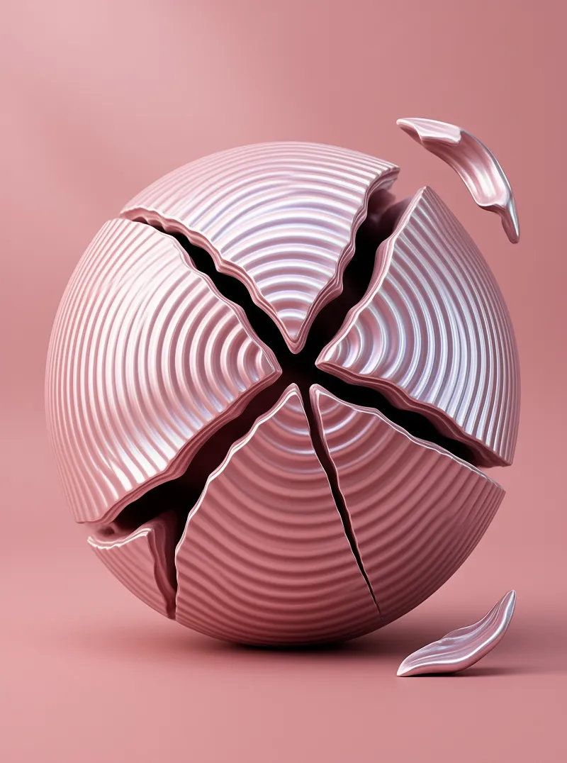 A pink sphere with wavy horizontal ridges is breaking apart, revealing a dark center and sending fragments floating away.