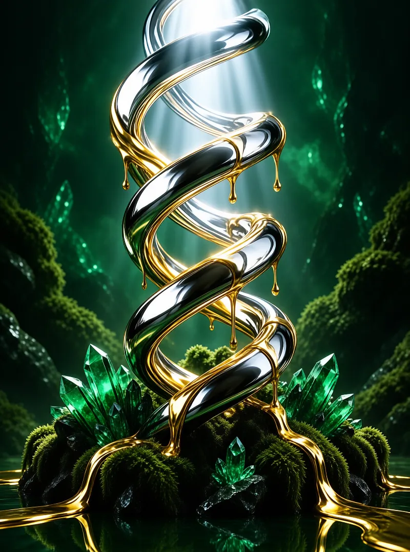 A twisting double helix structure made of silver and dripping gold metal stands amidst mossy rocks and emerald crystals under a beam of light.