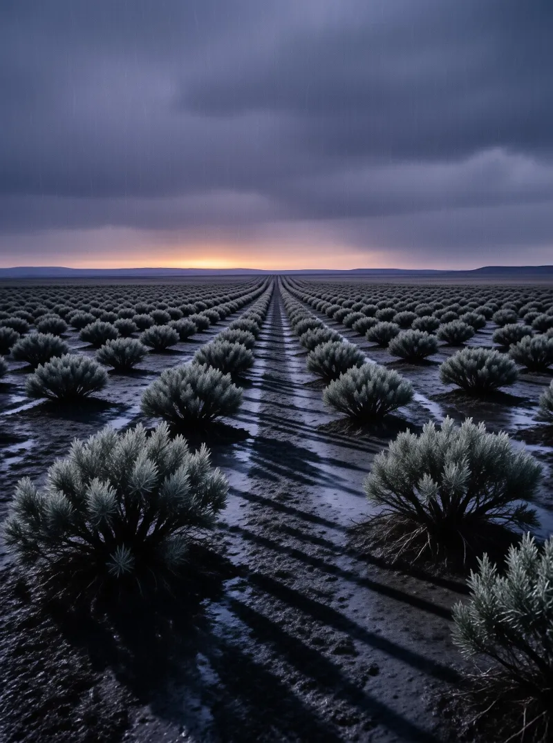 Evening light fades behind orderly rows of pale desert shrubs casting long shadows over wet ground.