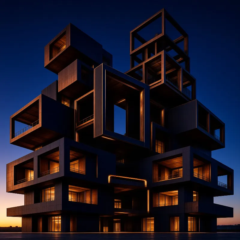 An architectural structure made of stacked boxes shines with warm light against the dark evening sky.