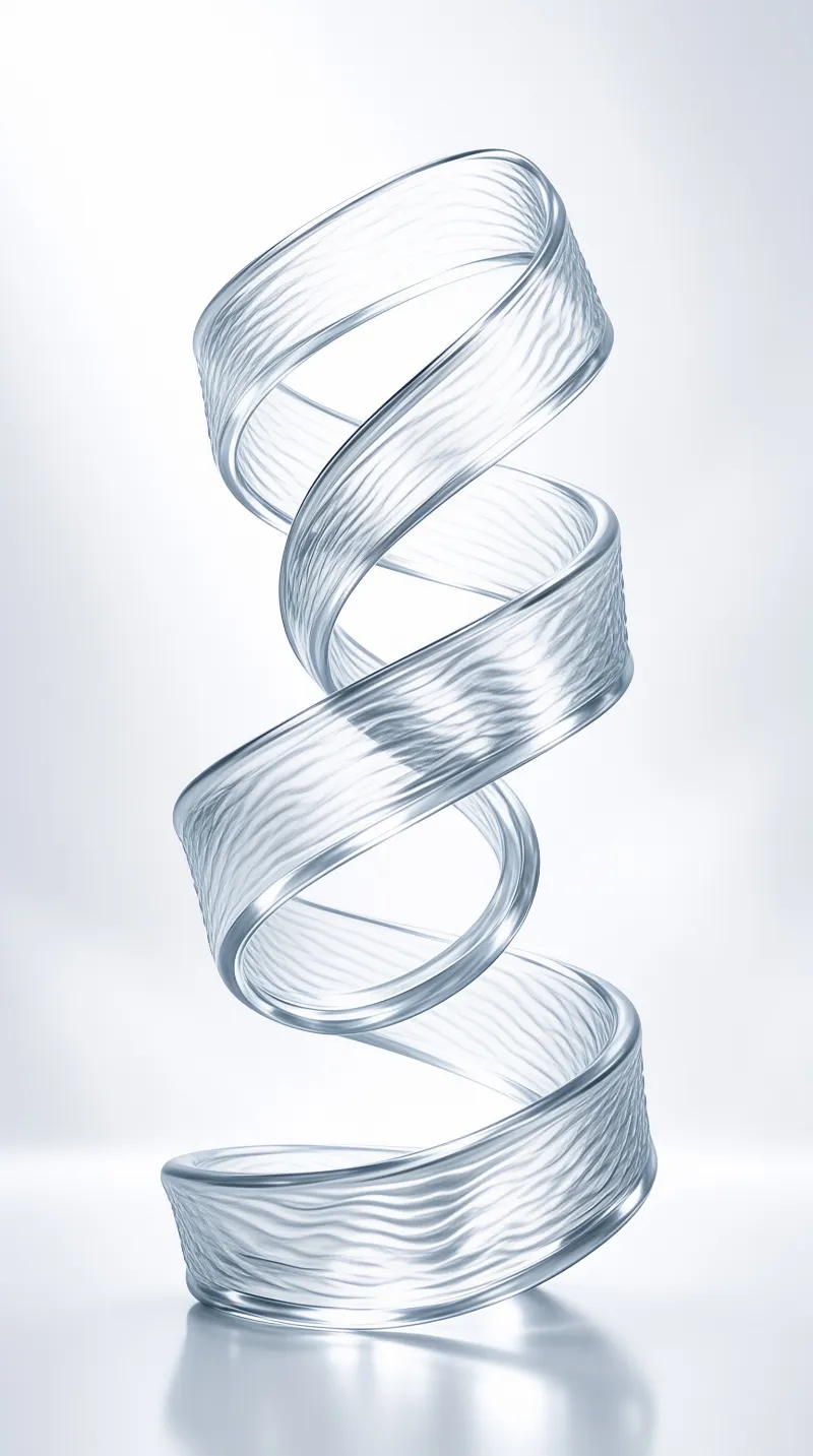 Ridged twisted glass helix on pale grey studio backdrop, soft light accentuates its wavy translucent surface and subtle base reflection.
