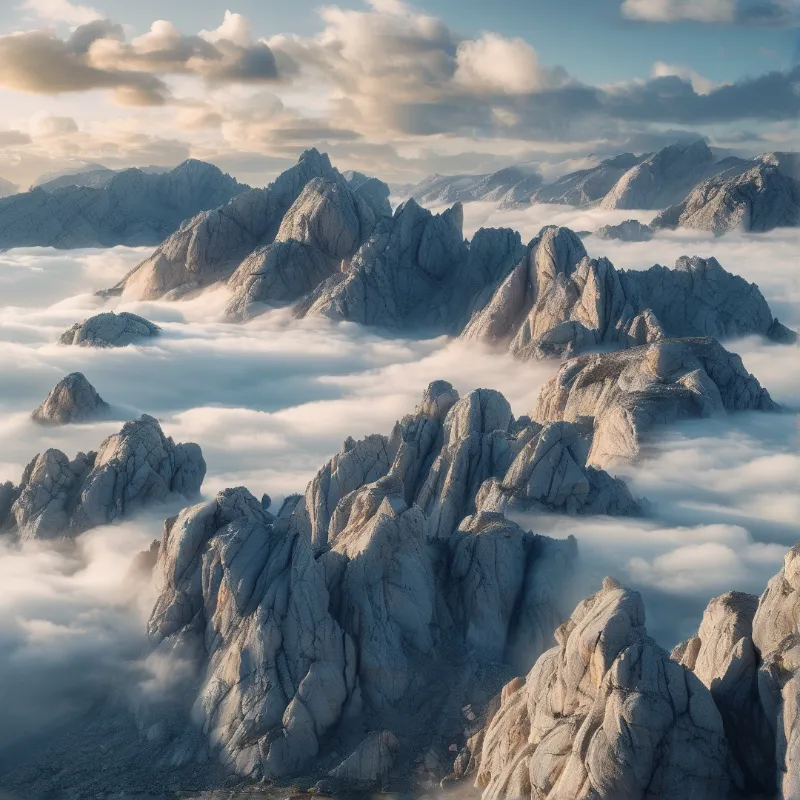 Jagged gray summits break through a rolling sea of clouds as warm light gilds the highest faces.
