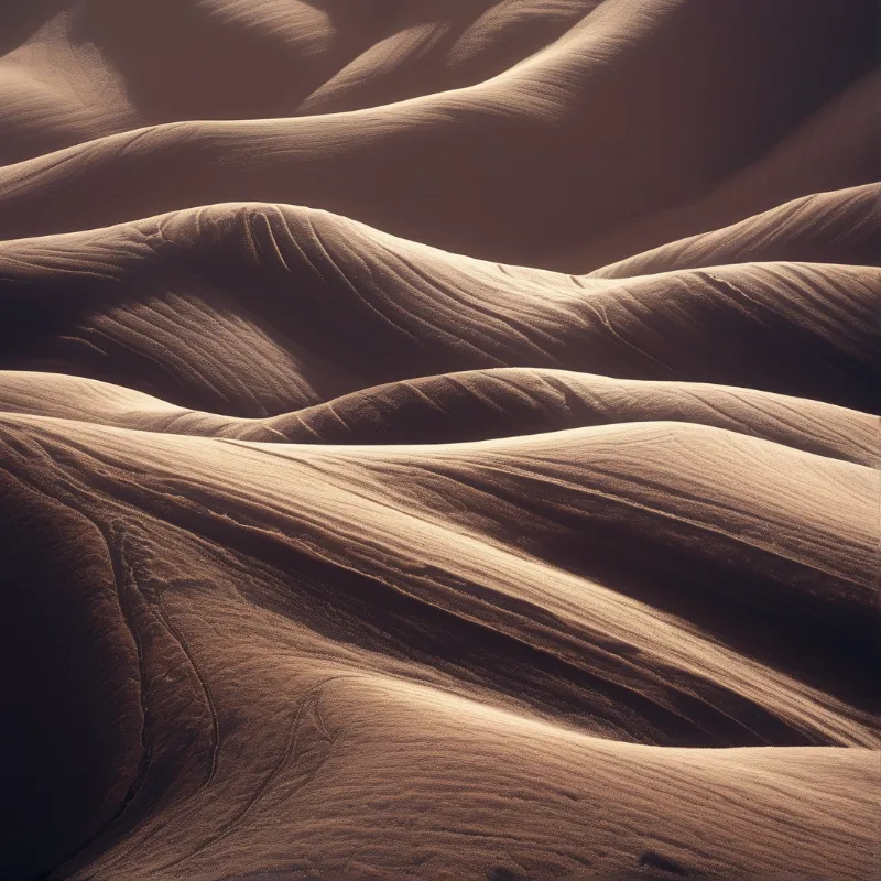 Rolling sand dunes with wind-sculpted ripples bathed in warm golden light showcasing natural desert textures and shadows