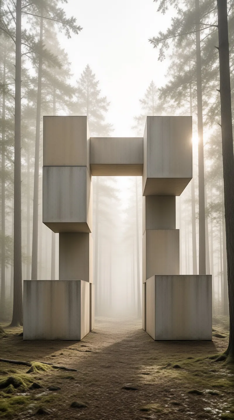 Massive geometric concrete blocks form a gate within a foggy pine forest illuminated by soft sunlight.