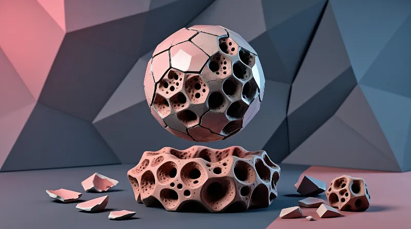 A cracked porous honeycomb sphere hovers above matching broken fragments inside a faceted pastel pink and blue low poly room.