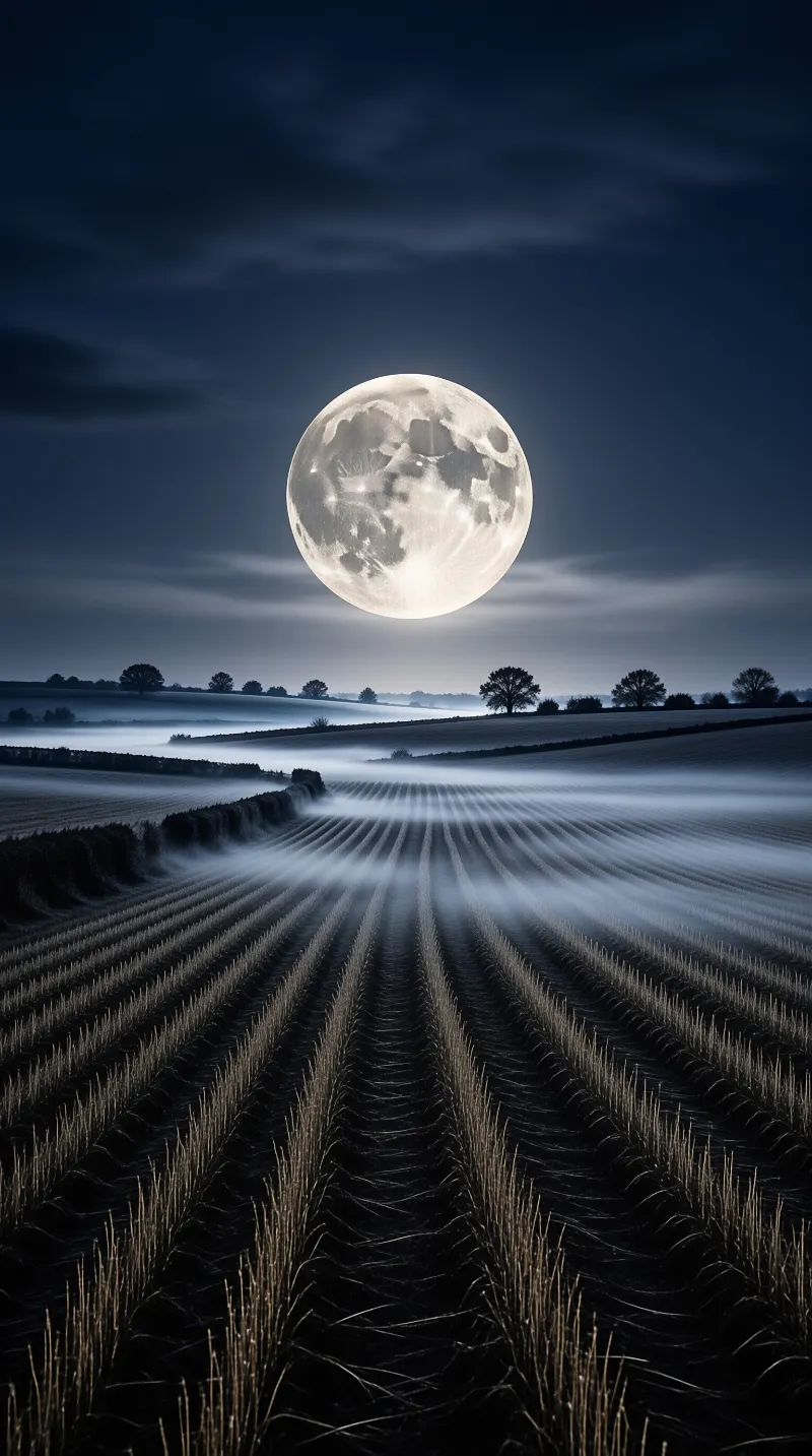Large full moon rises over foggy farm fields with dark rows leading toward silhouetted trees on the horizon.