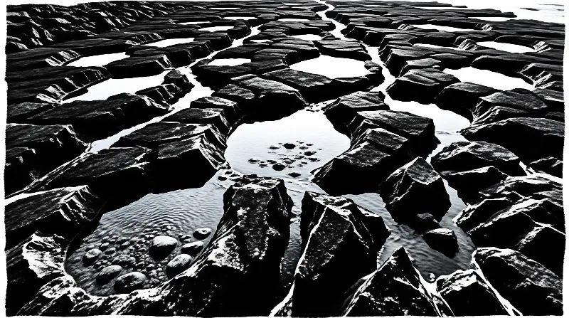 High contrast view of hexagonal stone columns separated by shallow streams of water.