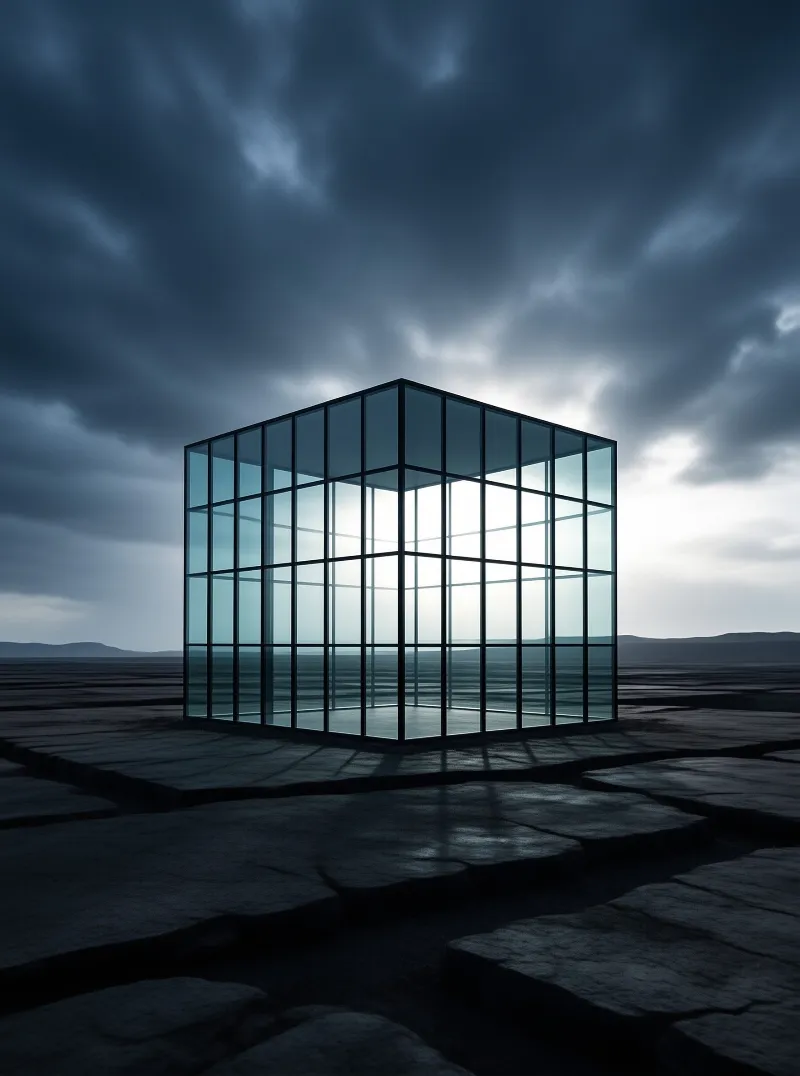 Glass Cube in Barren Land