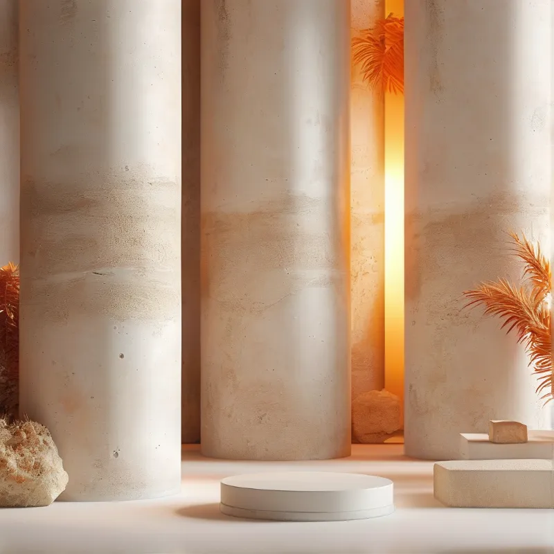 Massive textured stone pillars stand beside a bright orange light source with architectural platforms and palm leaves