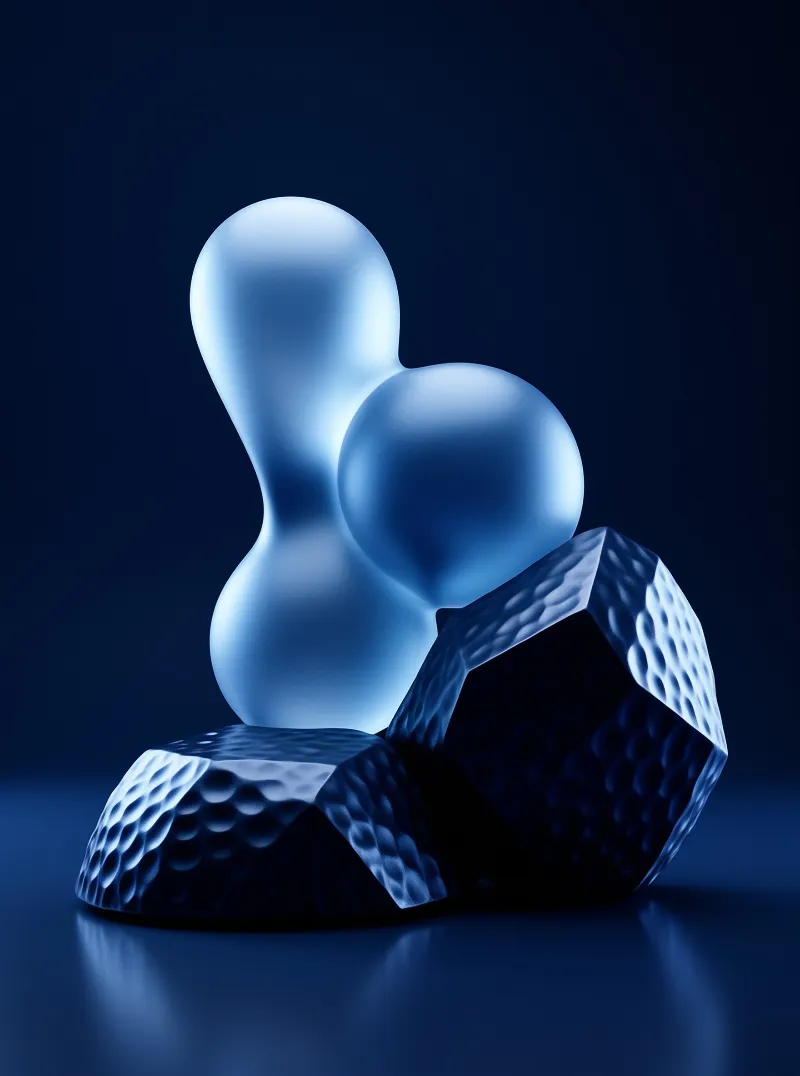 A glowing blue abstract sculpture rests on dark faceted blocks with dimpled surfaces against a deep blue background.