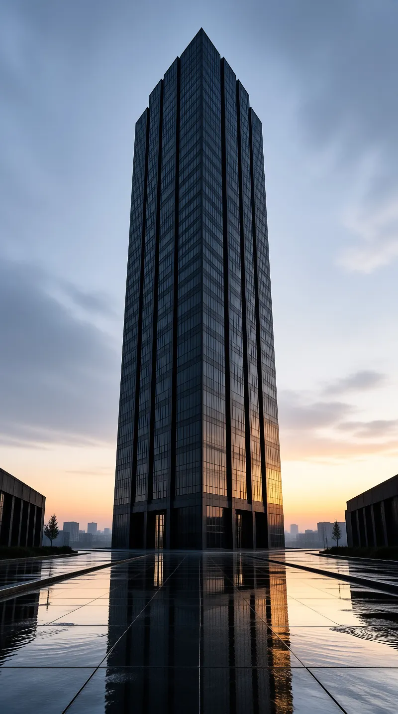 A towering glass skyscraper reflects the orange sunset sky in the wet ground of a modern city plaza.