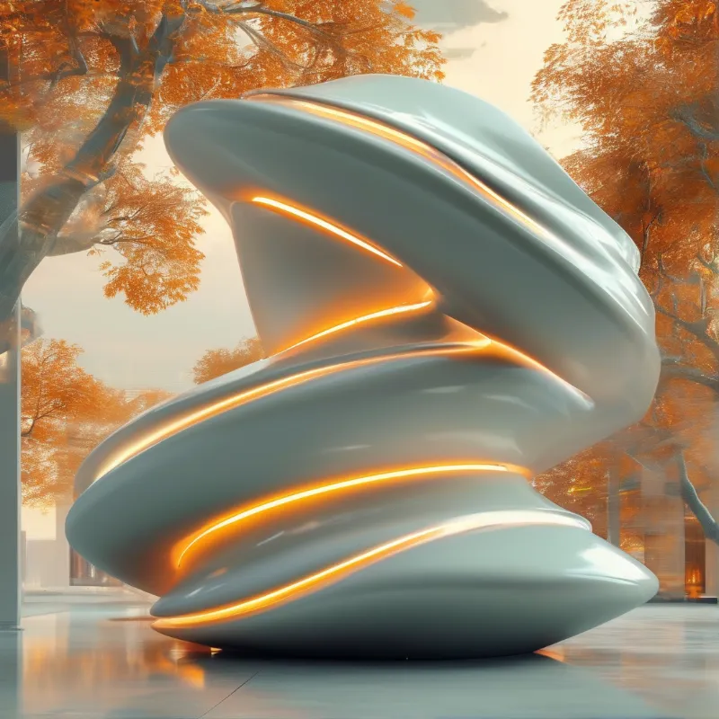 A pale curved form with incandescent orange seams stands on a polished floor against autumn trees and soft daylight.