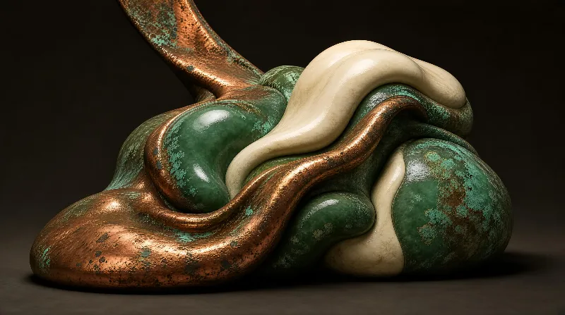 An abstract sculpture with flowing copper, green, and white forms set against a dark background, lit to highlight its textured surfaces.