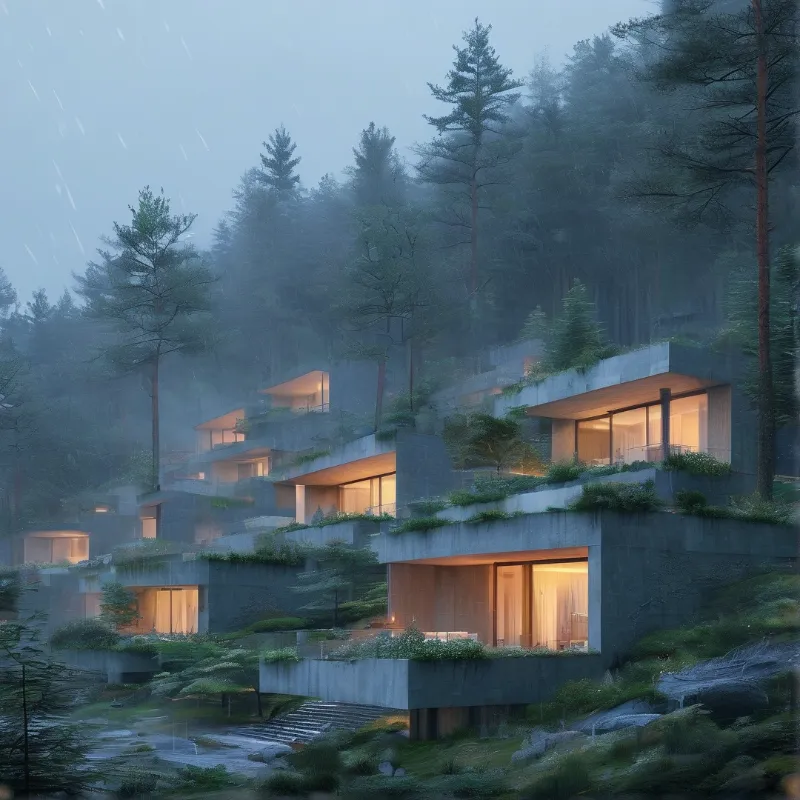 Warm interior light spills from glass-walled concrete homes terraced into a foggy pine forest slope during soft blue-hour rain.