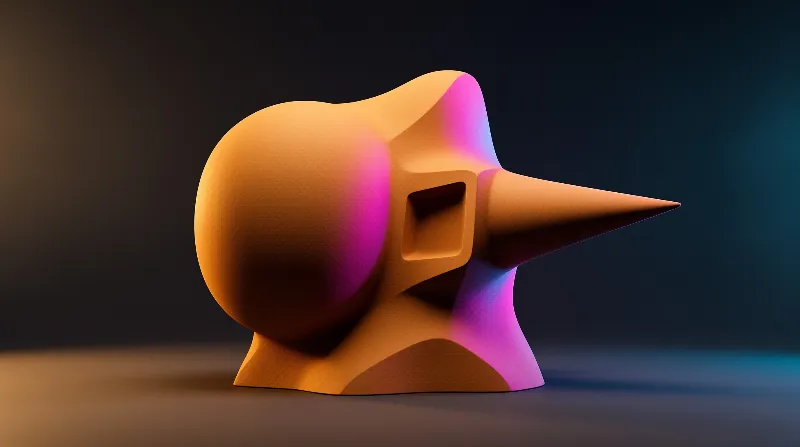 A stylized orange geometric head resembling a bird sits on a dark surface illuminated by vibrant pink and blue lighting.