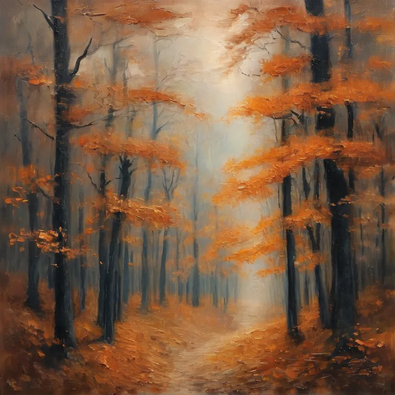 A dirt trail disappearing into a foggy forest filled with dark trees and bright orange autumn leaves in a textured painting.