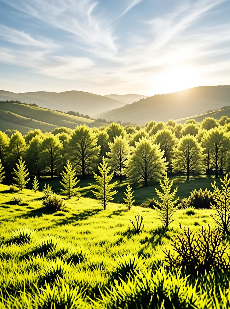 Bright yellow-green grass and young trees fill a valley while hazy hills fade toward a glowing sun.