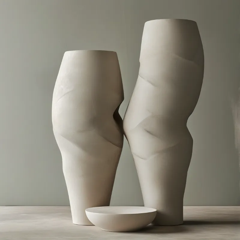 Two matte concrete vases with organic curves stand beside a small bowl against a gray wall under soft lighting.