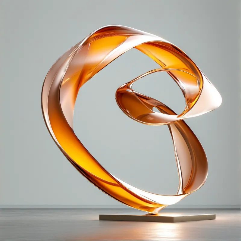 Glossy amber sculpture twisting on a base inside a bright gallery room with soft shadows on the floor.