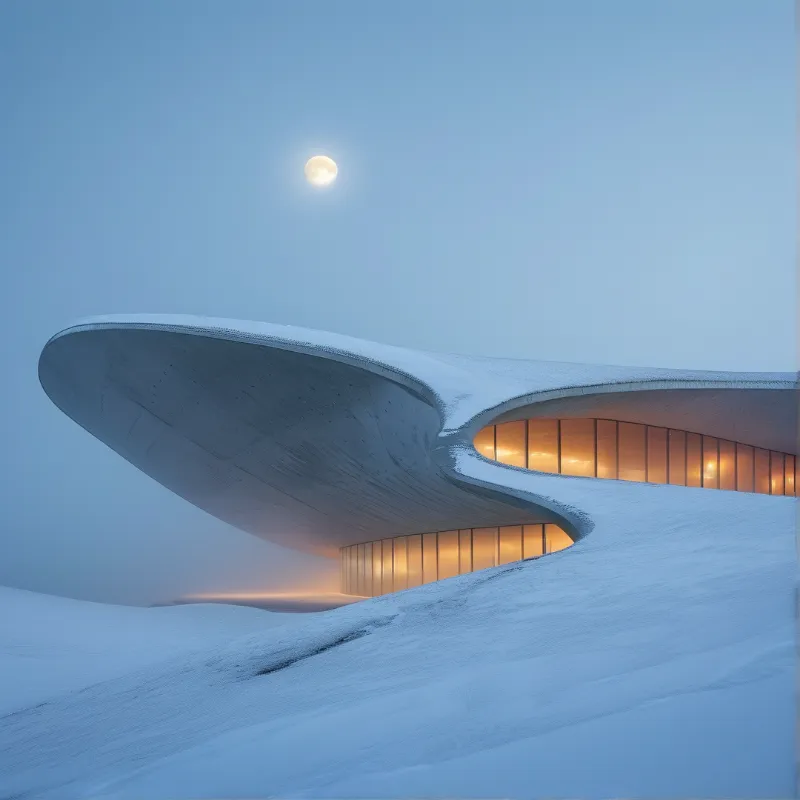 A curved concrete building with warm glowing windows emerges from a snow covered slope under a full moon in a blue sky.