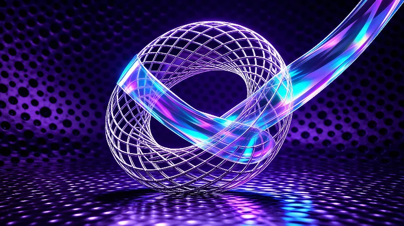 A wireframe sphere is pierced by a glowing blue and purple streamer against a dark patterned background with a reflective surface below.