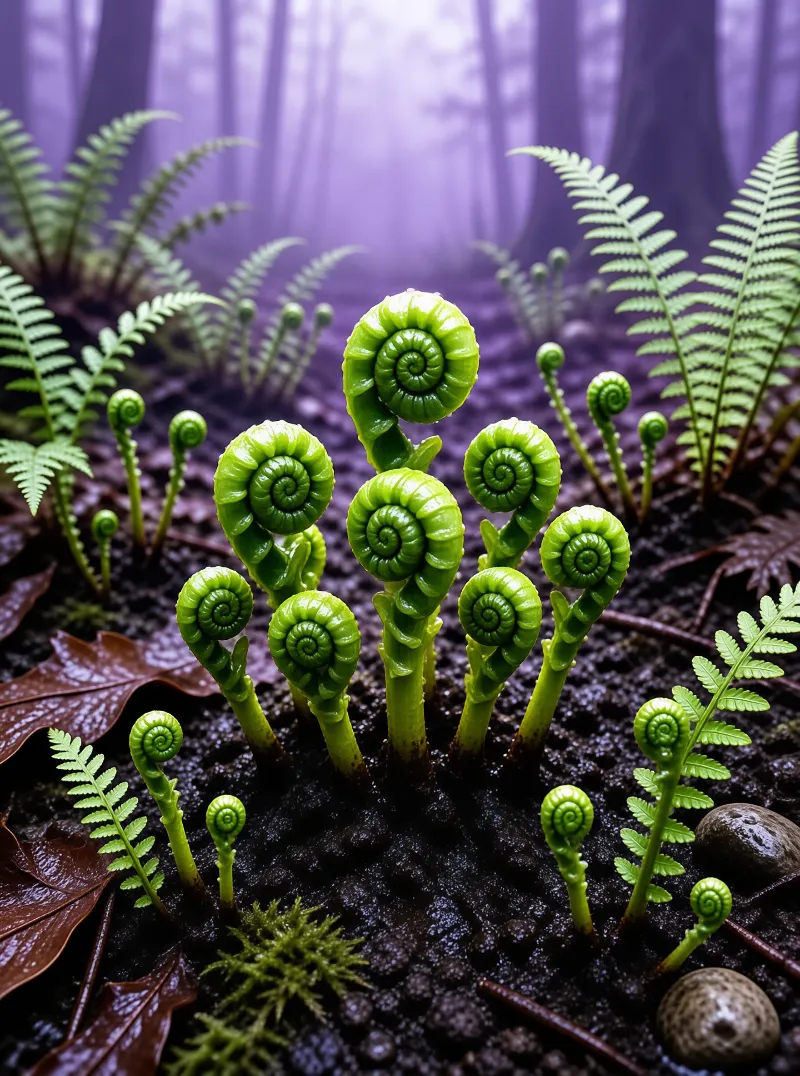 Emerging Ferns in Misty Forest
