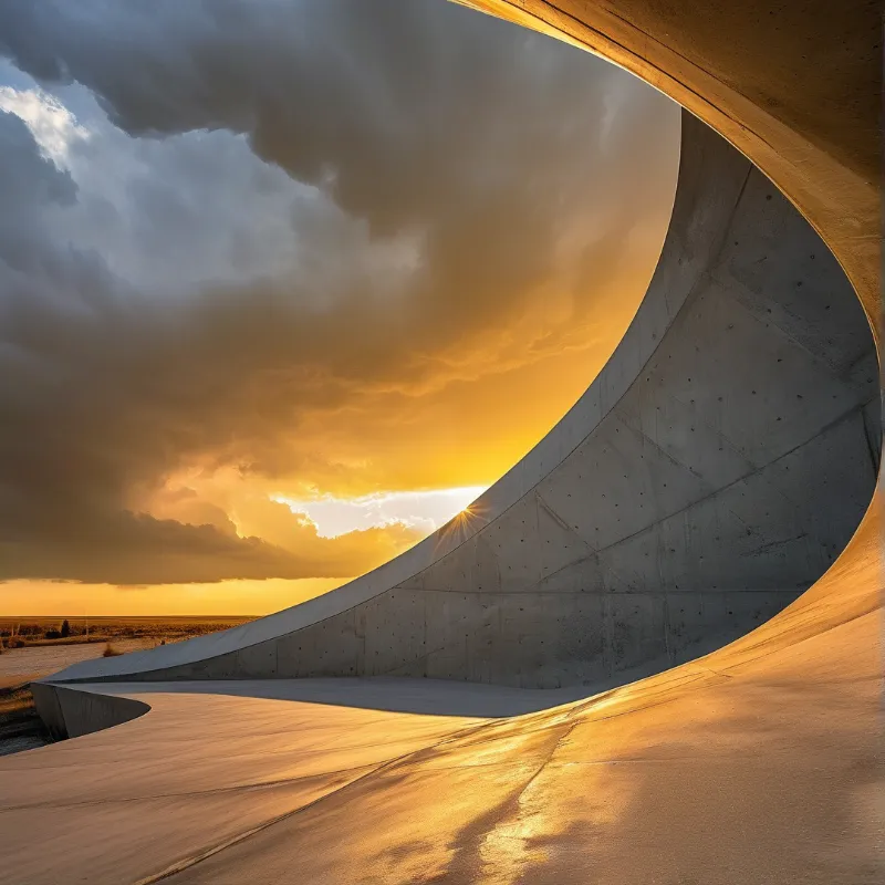 A sweeping concrete wall curves across an open plain beneath a sky of heavy clouds and golden sunlight.