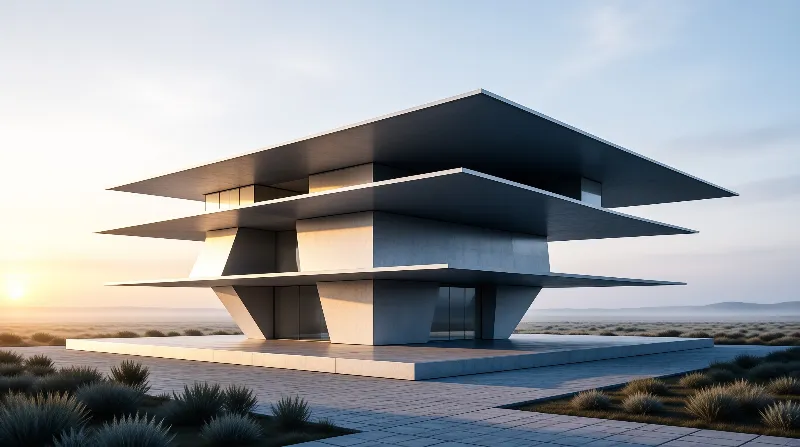A futuristic geometric structure stands on a paved platform amidst dry shrubs under a warm golden sky.