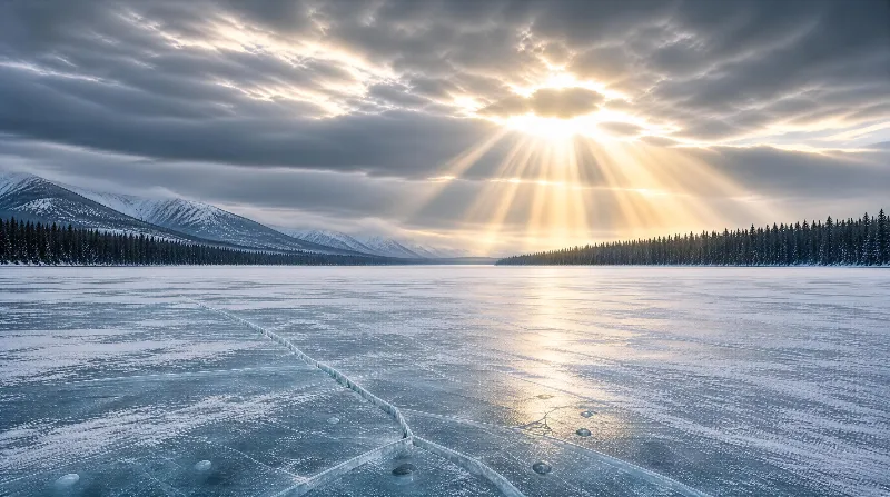 Sunbeams Over Frozen Lake