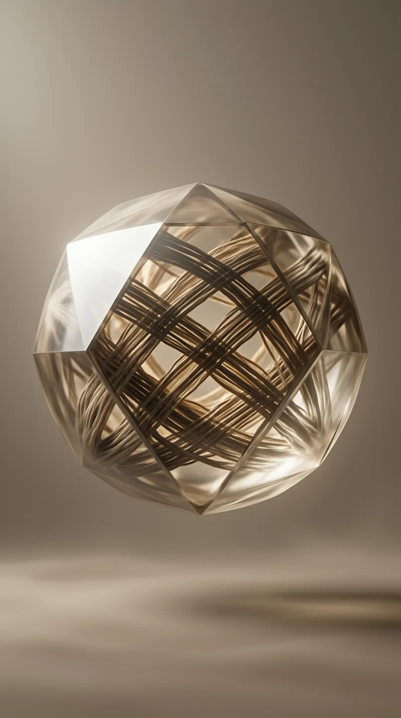 A faceted transparent sphere contains a woven dark grid inside set against a smooth gradient background.
