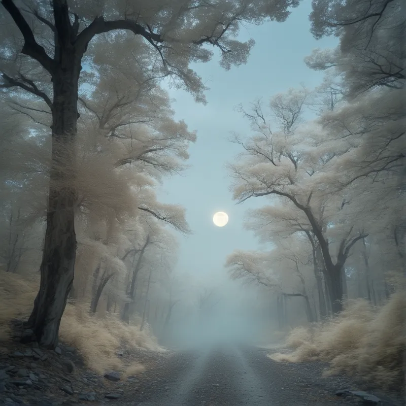 A winding forest path shrouded in mist with a bright moon illuminating the tall trees and golden underbrush