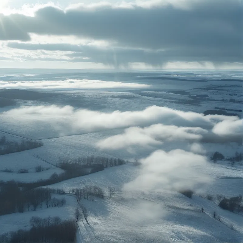 Rolling white terrain seen from above as low fog drifts across the land while light shines down from dark clouds.