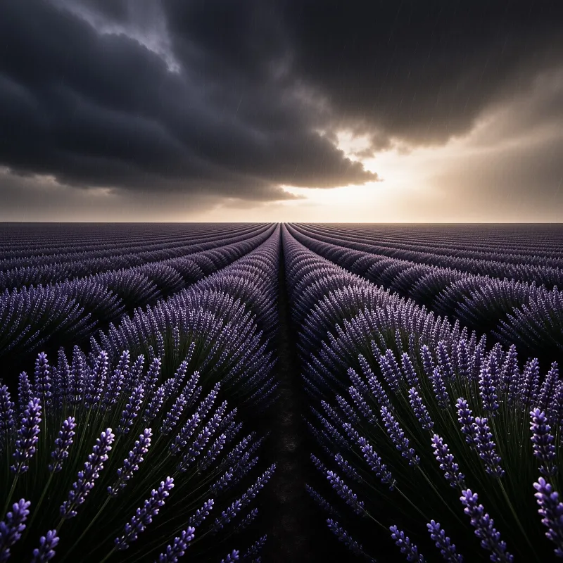 Neat parallel rows of purple lavender stretch towards a bright golden horizon where sunlight breaks through heavy dark clouds dominating the upper sky, creating a strong sense of depth and contrast between the shadowed foreground crops and the luminous background exit point.