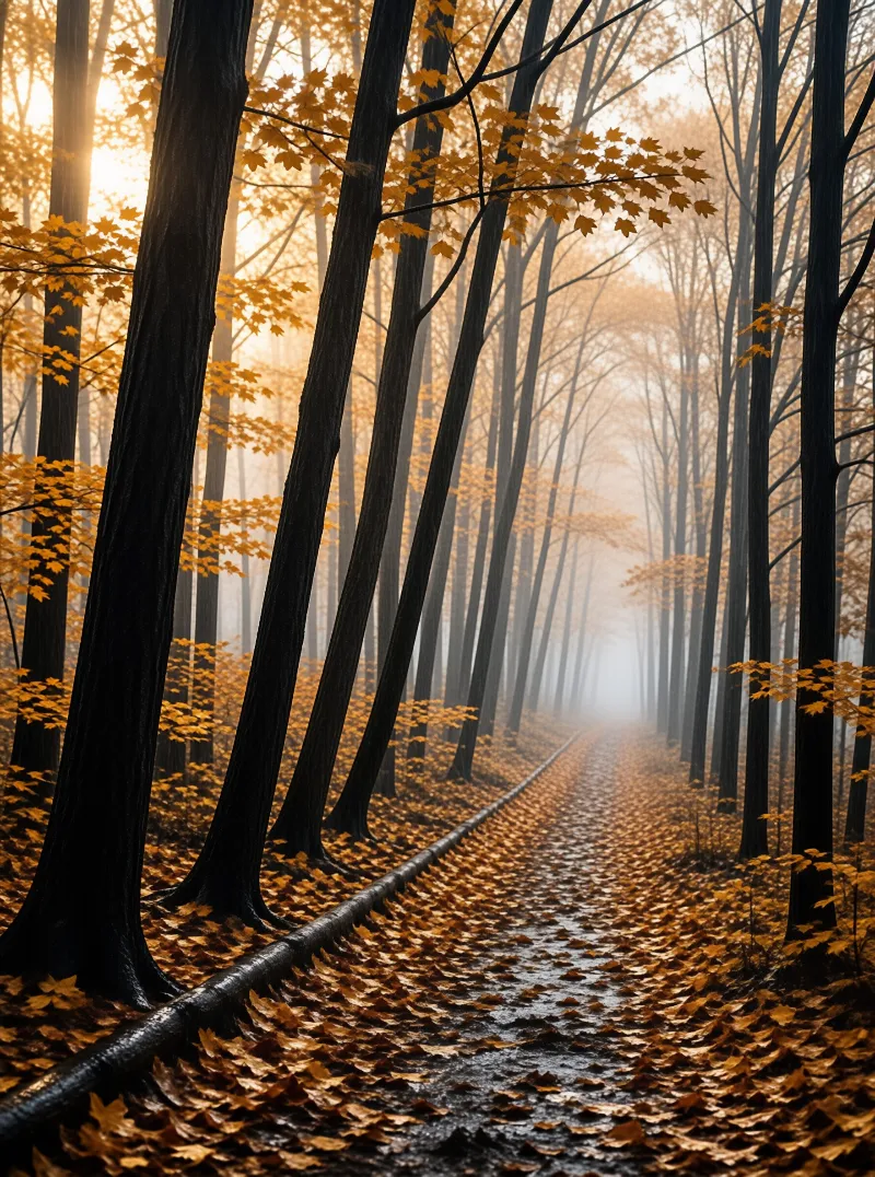 Tall dark trunks and orange maple leaves line a foggy woodland trail lit by low slanting autumn sun