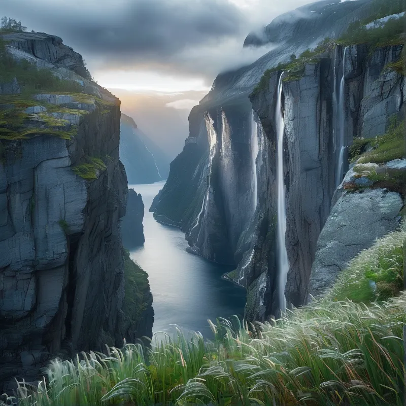 Cliffs and Waterfalls in Fjord