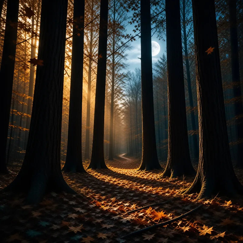 Tall trees frame a winding path covered in leaves while golden sunlight mixes with the blue sky and a bright moon.