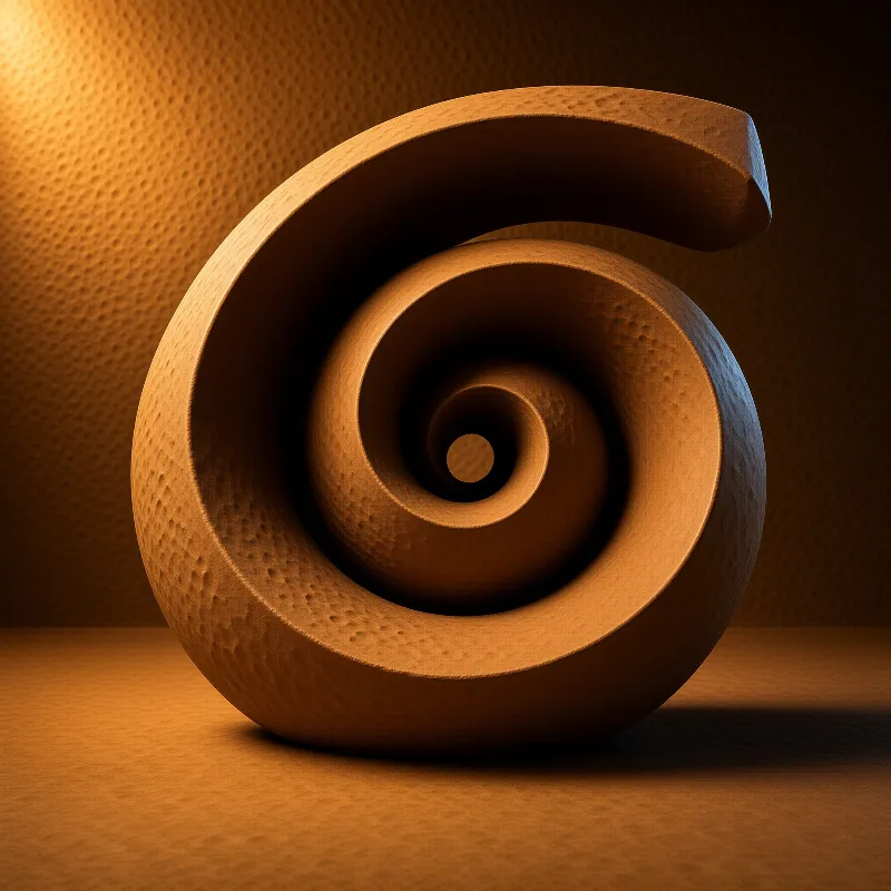 A chiselled timber coil tightens toward its centre on a tan surface, its pitted grain catching low golden side light.
