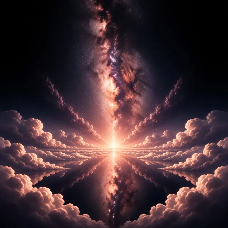 A bright vertical galaxy beam is mirrored on still water, framed by warm pink fluffy clouds against a dark starry night sky.