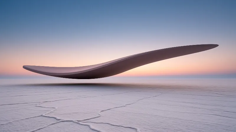 A long smooth curve hovers just above cracked pale ground beneath a gradient dusk sky.